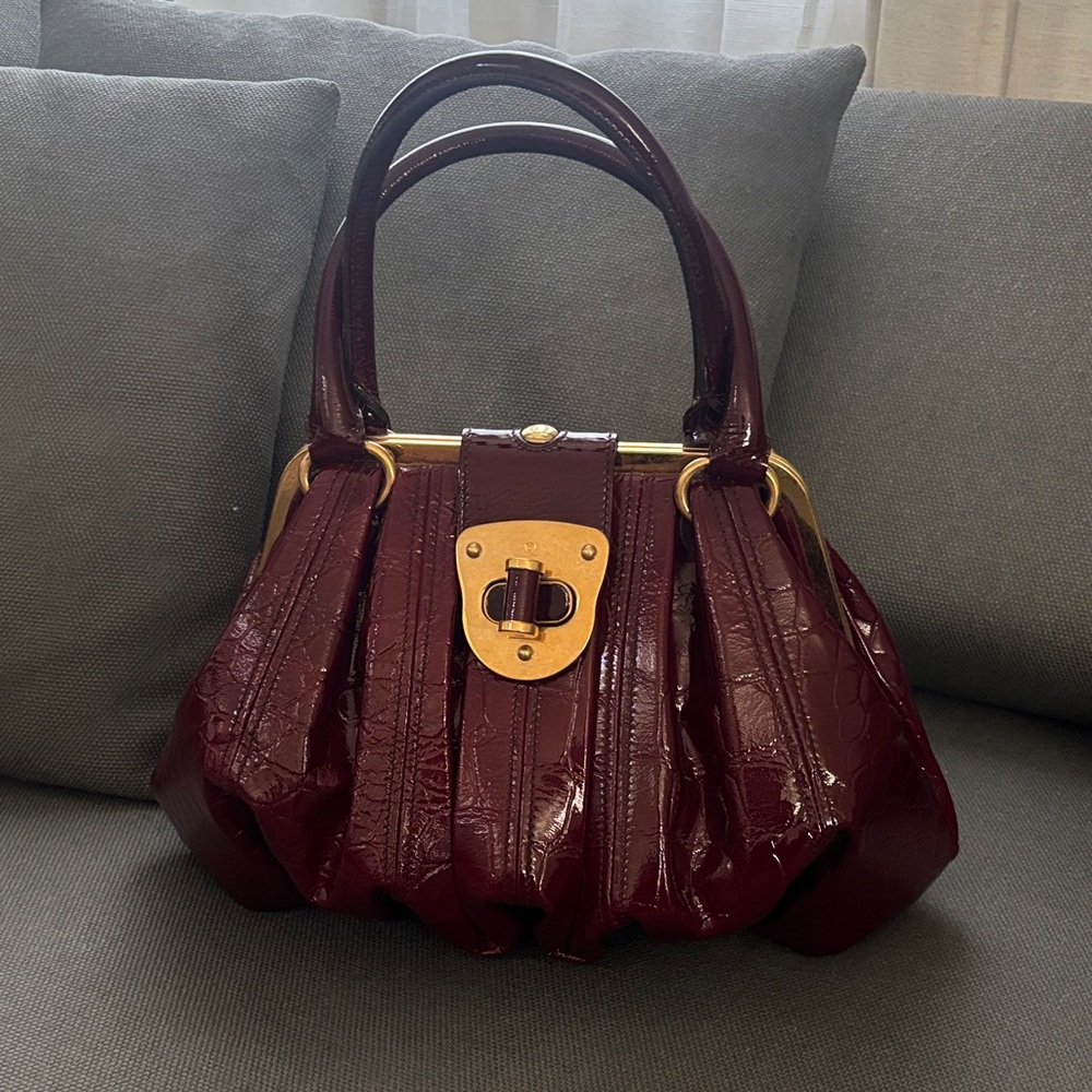 Alexander McQueen Elvie Burgundy Croc-Embossed Satchel